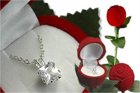 30-- CZ Square Pendant Necklace in Red Rose Box - $3.99