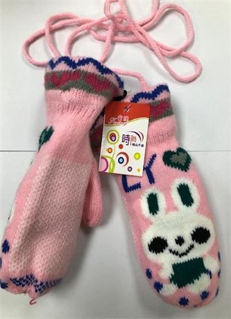 48 pairs of Girls thick printed mittens with string attached