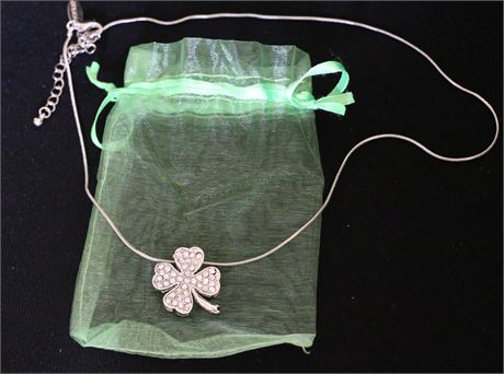 Crystal Accented Silver Shamrock 4 Leaf Clover Necklace w/ Drawstring Gift Bag