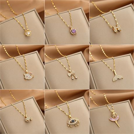 Gold Plated Necklace for Women Zircon Jewelry Pendant Titanium Steel Necklace